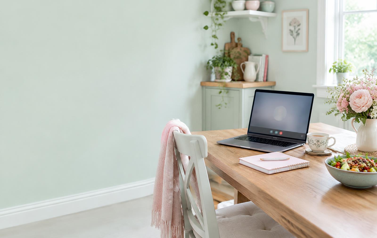 Bright workspace with a laptop, notebook, flowers and salad in a welcoming kitchen
