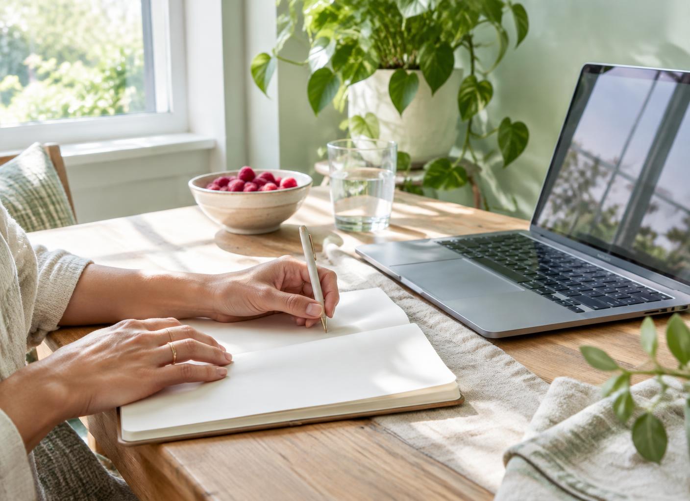Heller Arbeitsplatz mit Laptop, Notizbuch und persönlichen Coachingnotizen