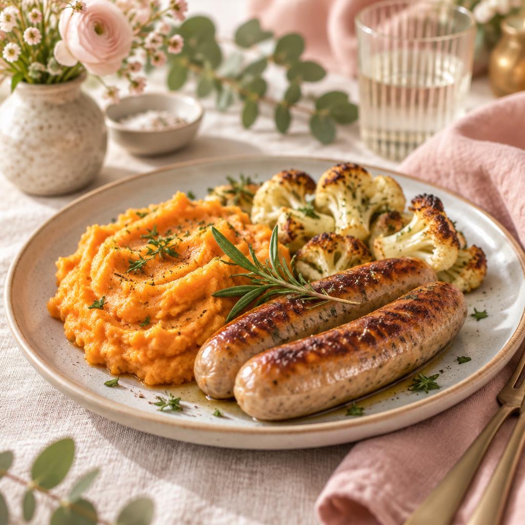 Sausages With Roasted Cauliflower & Sweet Potato Mash