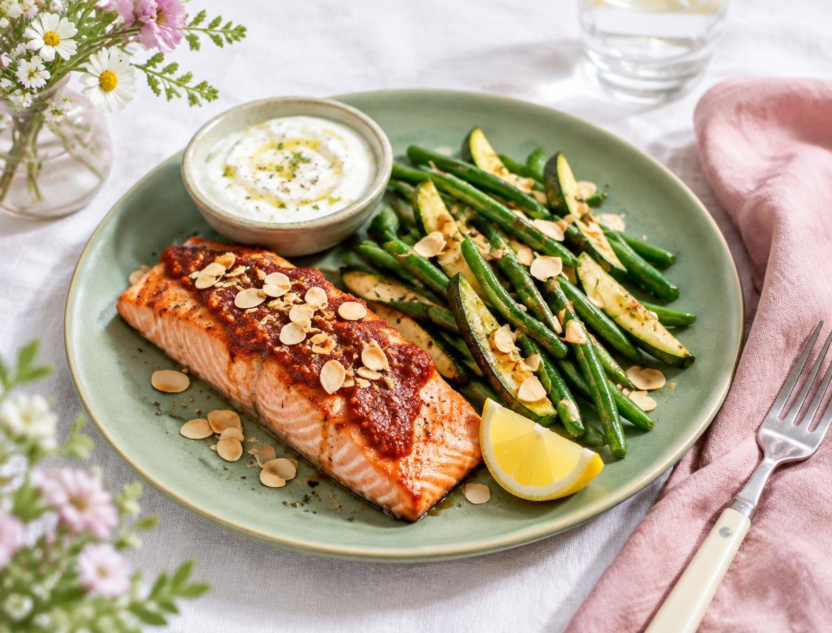 Harissa-Lachs mit Mandelgemüse